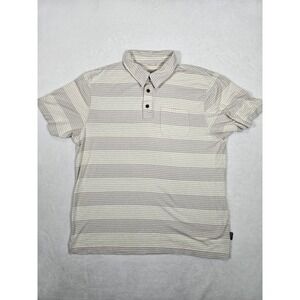 Patagonia Polo Shirt Mens Large Tan Striped Hemp Blend Pocket Breathable‎ Beach
